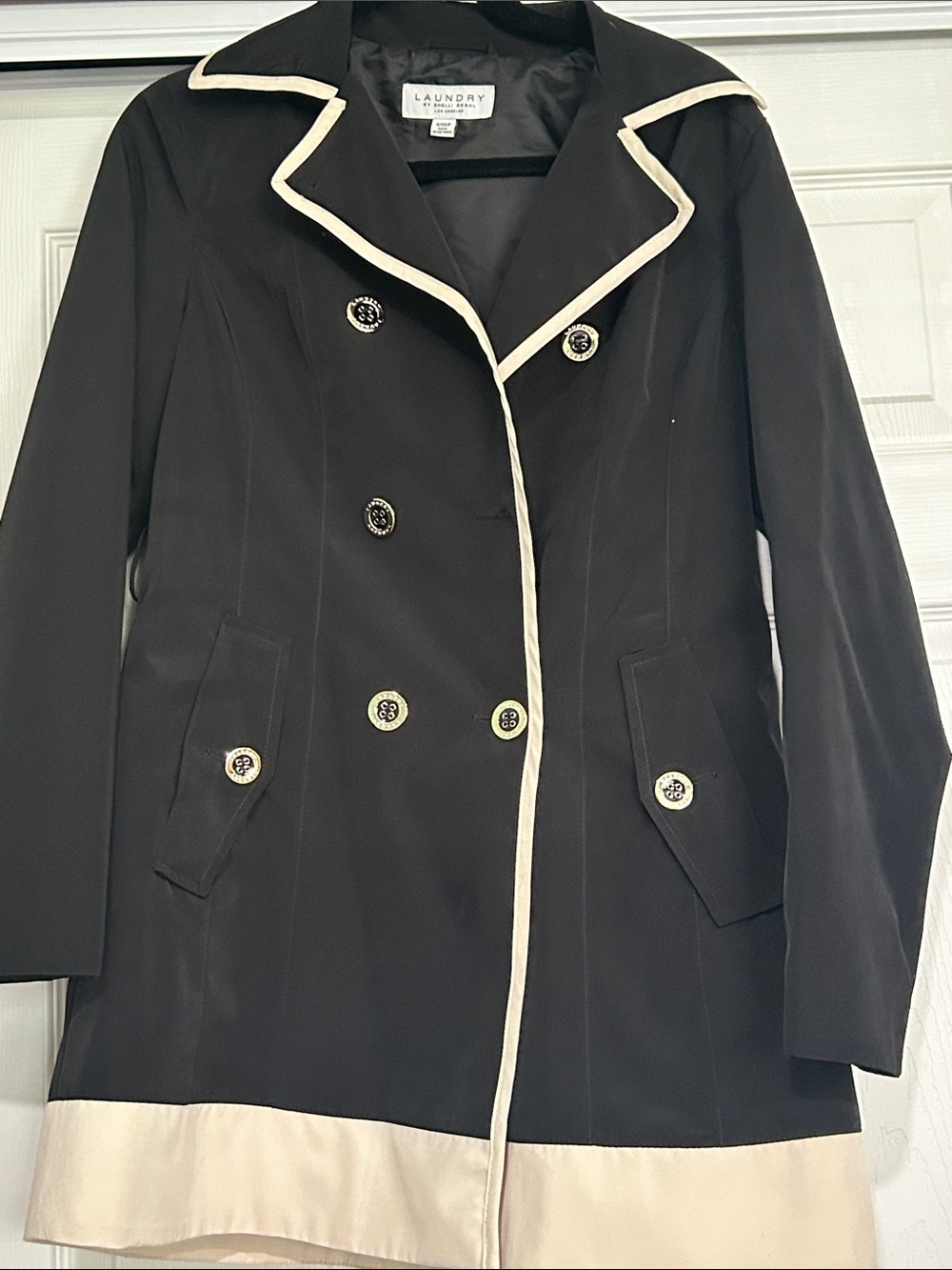 Laundry By Shelli Segal Black Trench Coat with Cream Trim